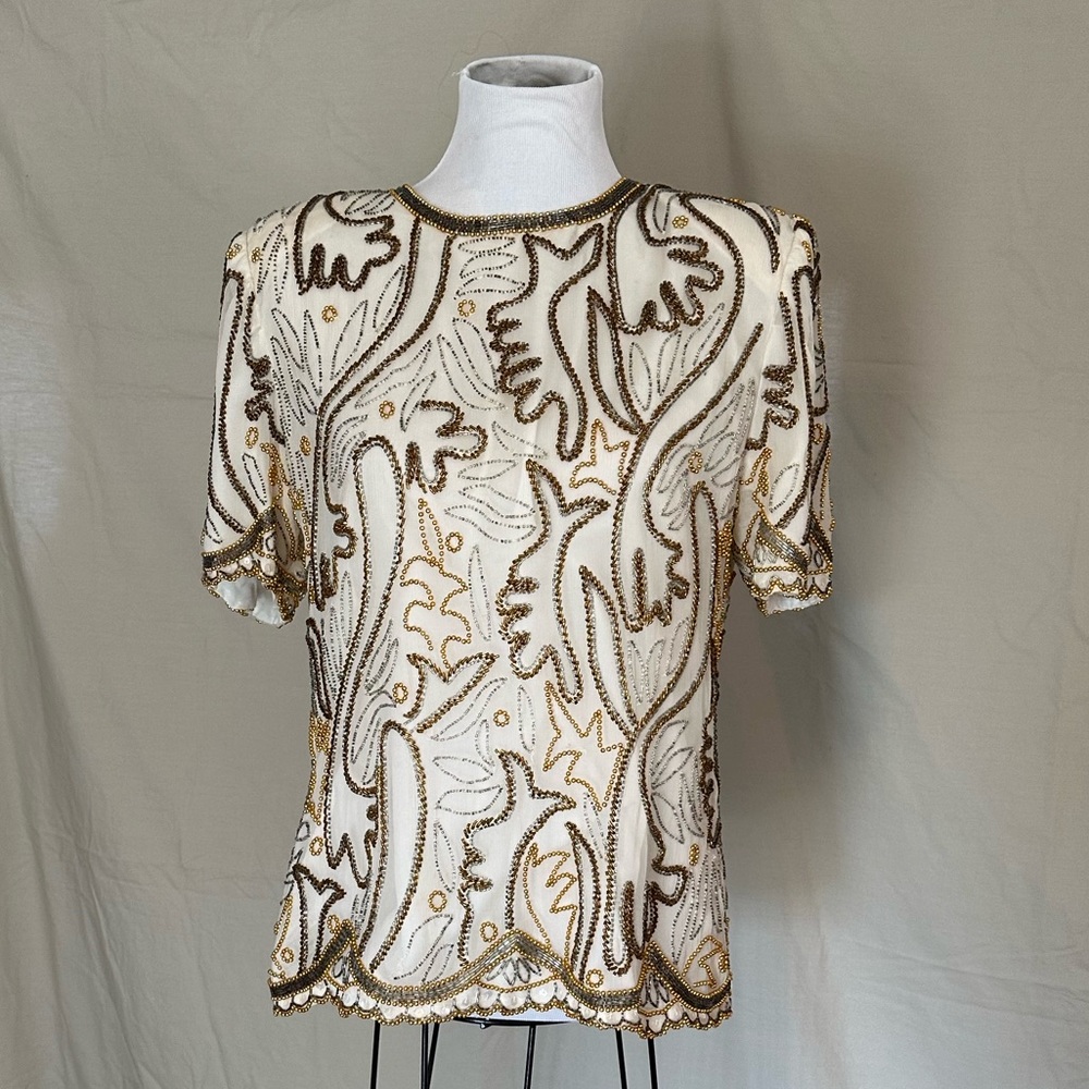 Vintage Silk formal Laurence Kazar Cream Gold Beaded Blouse NY large embellished